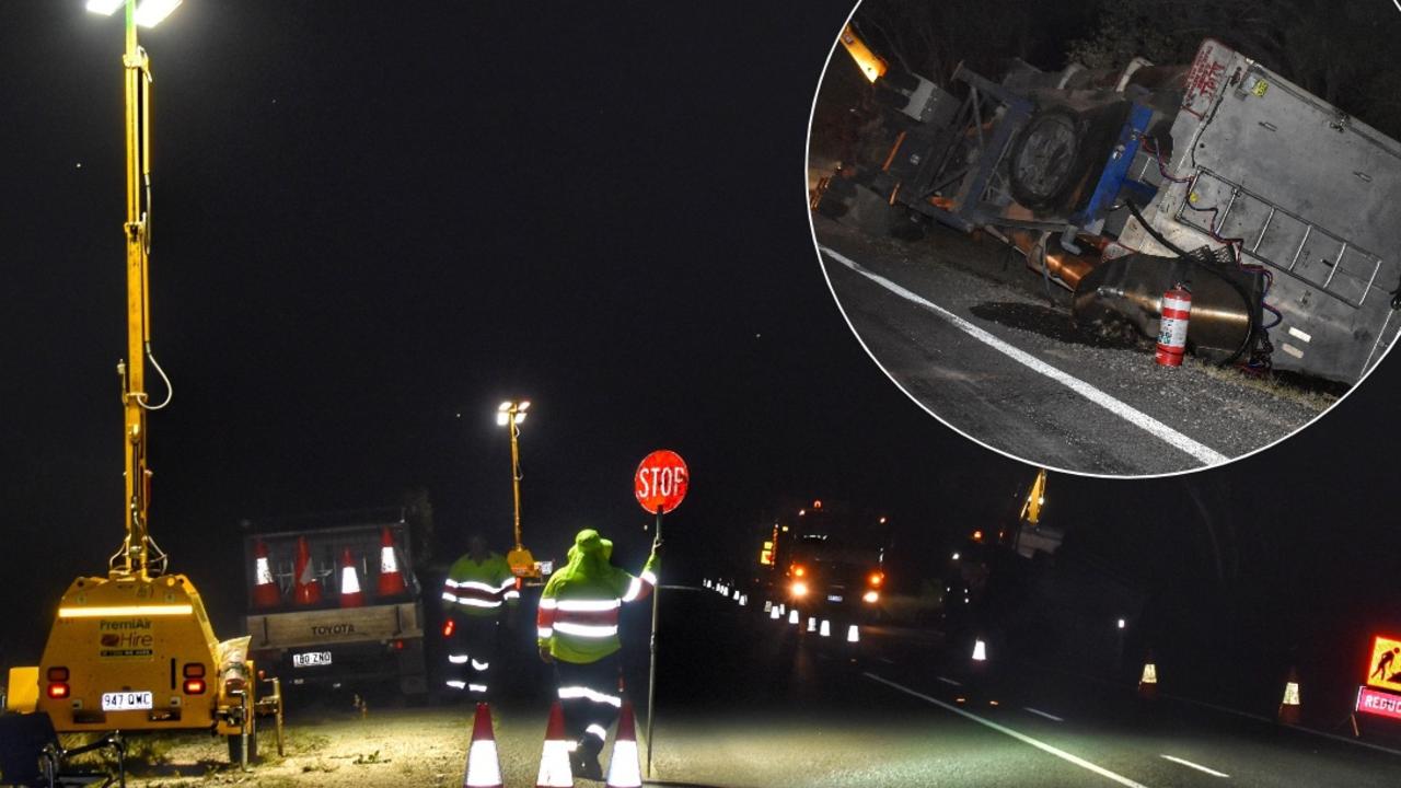 Fernvale truckie rolls Austrans truck full of toxic sludge along major south west highway while allegedly intoxicated. Picture: Peta McEachern