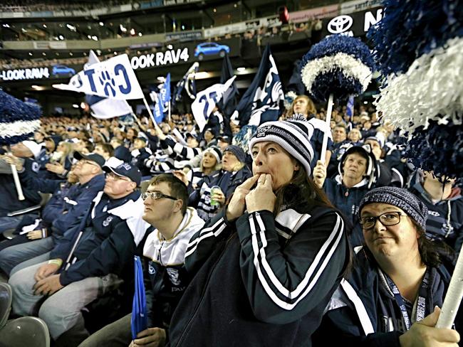 Geelong fans want to silence nervous Richmond supporters. Picture: Tim Carrafa