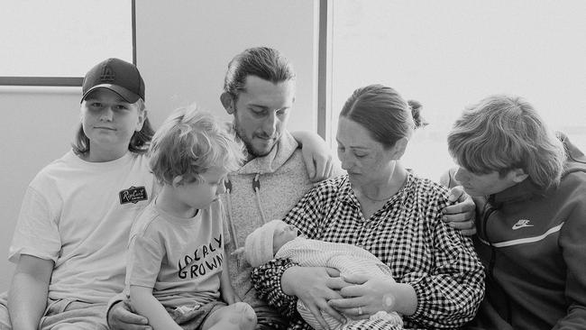 The Hoban family, Charles and Bob (back), George, Madeleine, Arthur and baby Albert (deceased) at Coffs Harbour Health Campus in 2022. Photo: Lyss from Heartfelt