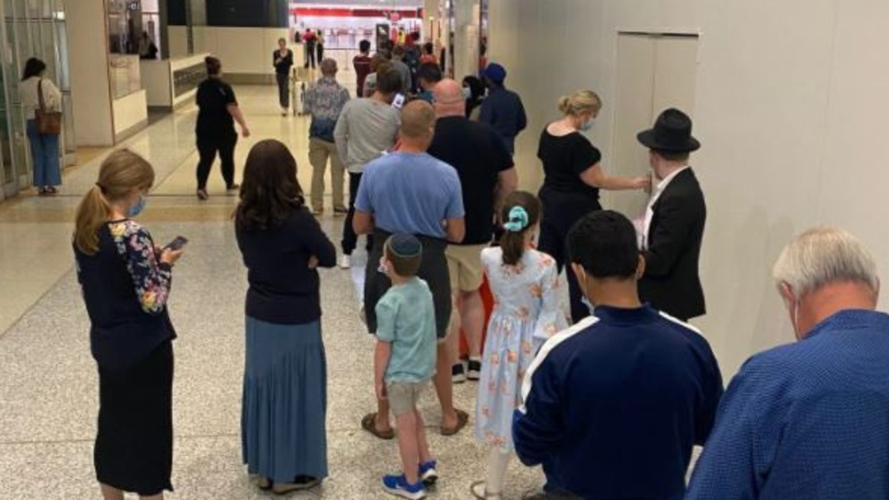 The queue for quick turnaround Covid tests at Histopath in Melbourne Airport. Picture: Simone Mitchell