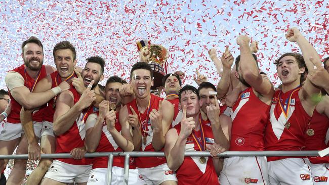 The Roosters celebrate winning the 2018 SANFL grand final. Picture: Sarah Reed