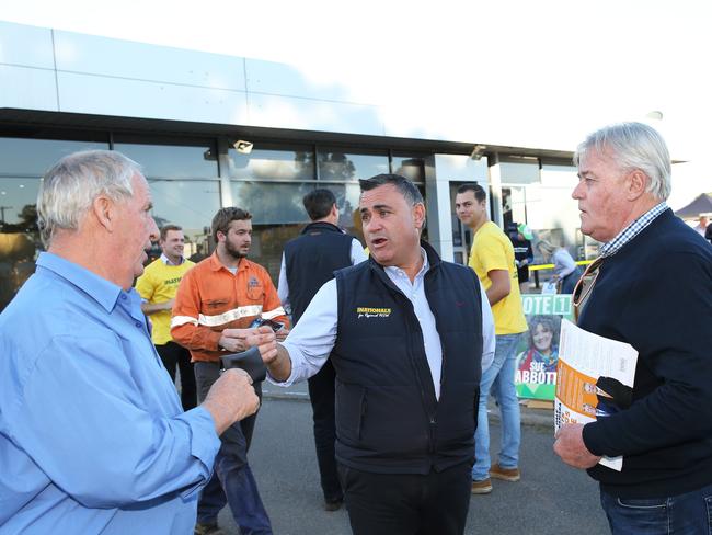 Deputy Premier John Barilaro on the campaign trail in Singleton with Nationals candidate for the Upper Hunter by-election Dave Layzell. Picture by Peter Lorimer.