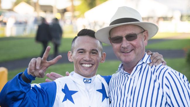 Jockehy Matt McGillivray with trainer Toby Edmonds after winning back to back Ramornie Handicaps on Havasay.