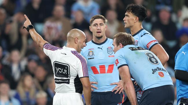 Joseph-Aukuso Sua'ali'i of the Blues is sent from the field by referee Ashley Klein. (Photo by Matt King/Getty Images)