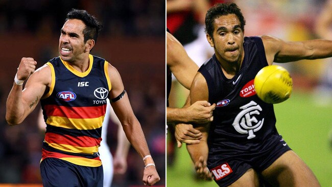 Full circle: Eddie Betts is leaving the Crows, left, to head back to where it all began in 2005 with Carlton, right. Pictures: Getty/News Corp