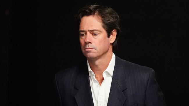 Drained AFL boss Gill McLachlan prepares to announce the suspension of the season. Picture: AAP