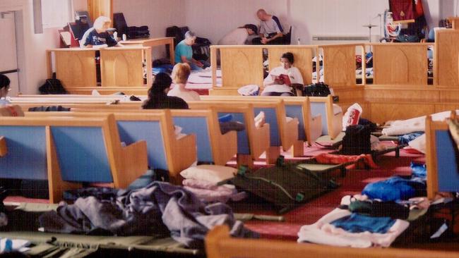 The stranded passengers from around the world slept in a church in Gambo.