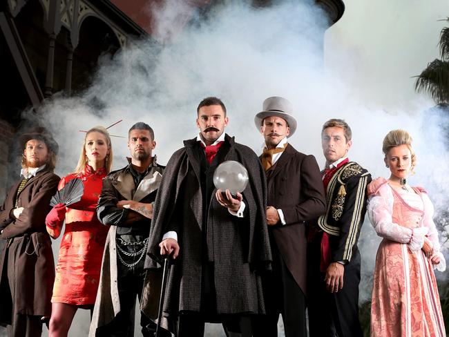 Sports stars dressed as The Illusionists 1903, from left, Aaron Young (Port Adelaide), Erin Bell (Thunderbirds), Fabio Ferreira (Adelaide United), Adam Gibson (Adelaide 36ers), Travis Boak (Port Adelaide), Richard Douglas (Adelaide Crows), Annette Edmondson (Olympic cyclist). Picture: Sarah Reed