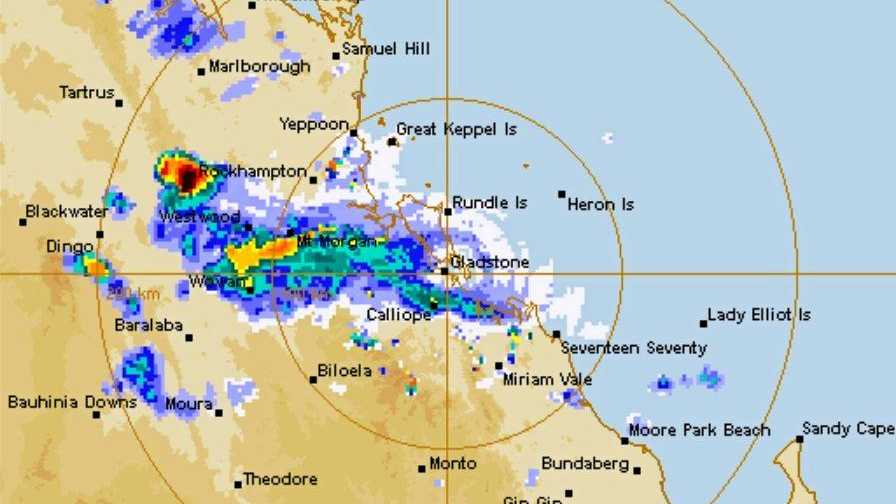 RAIN RADAR: This is the latest rainfall radar, taken at 7pm. It shows a severe storm west of Rockhampton. Picture: Bureau of Meteorology