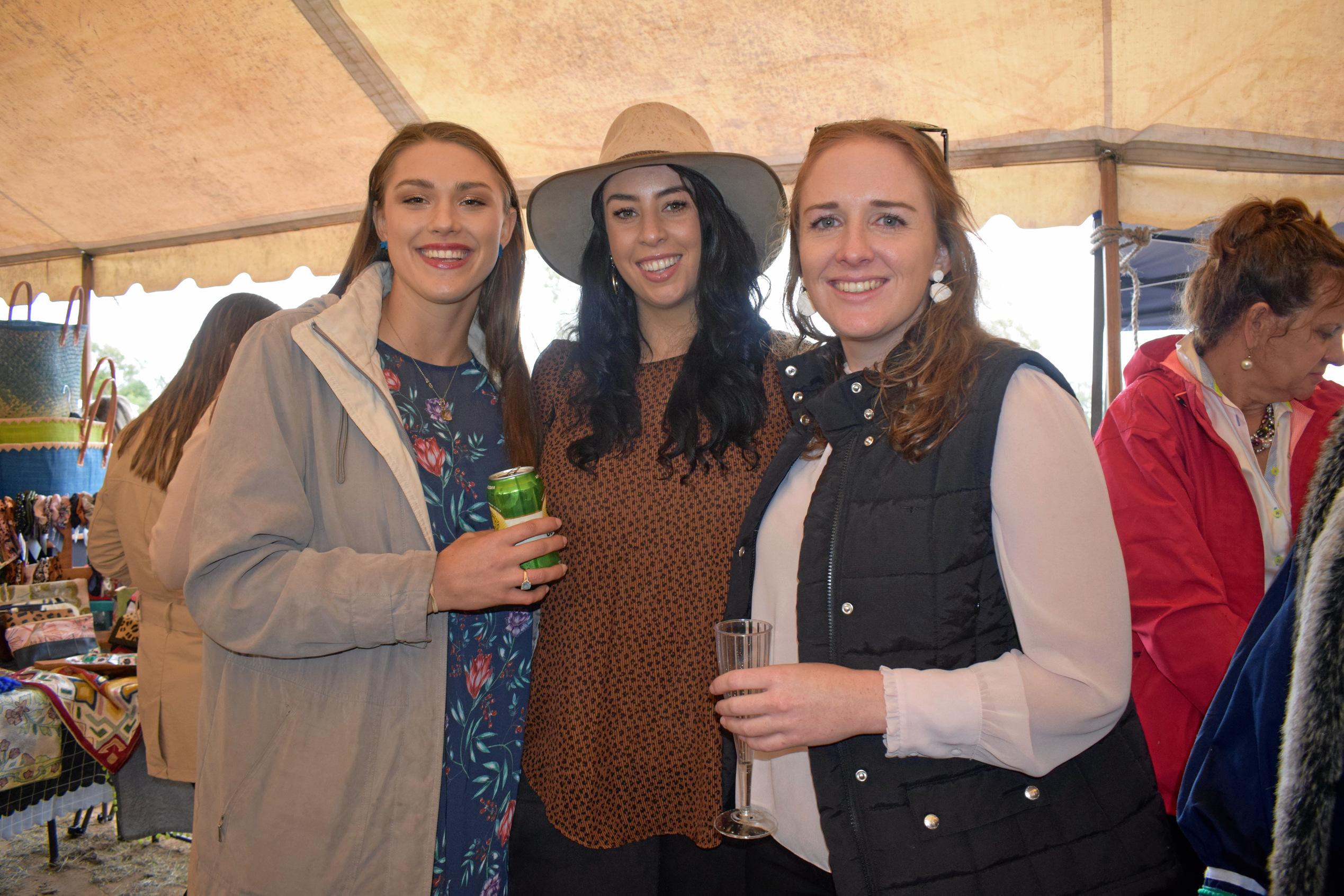 Nakita Thackwray, Emma Russell, Danielle Dwan at the Condamine Cods Annual Ladies Day, June 8. Picture: Brooke Duncan