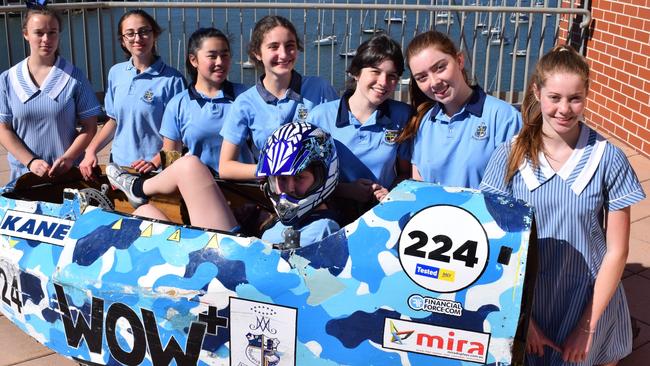 Left to right: Sarah McSorely, Ally Laybutt, Esperanza Tingin, Amelia Nanni, Lauren Stevenson, Bethany Rae, Alexia Trani Driver: Gemma O'Grady from Marist Sisters College's Energy-Breakthrough Project team