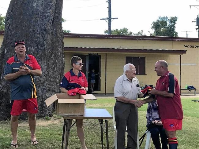 Col Hamilton presenting the jerseys to team members at the start of the season. Picture: Contributed