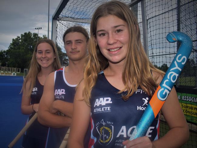 Ashleigh Ensbey, Rhys Cropper and Mackenna Ensbey are among a contingent of Grafton hockey players selected to represent NSW teams at national championships this year. Photo Bill North / The Daily Examiner