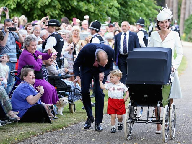 Catherine, Duchess of Cambridge, Prince William, Duke of Cambridge, Princess Charlotte of Cambridge and Prince George of Cambridge arrive at the Church of St Mary Magdalene on the Sandringham Estate for the Christening of Princess Charlotte of Cambridge on July 5, 2015 in King’s Lynn, England. Picture: Getty