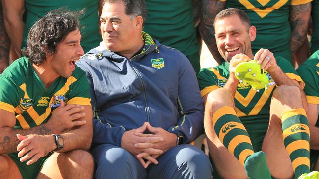 Cameron Smith shares a laugh with Johnathan Thurston and Mal Meninga. Picture: Mark Evans