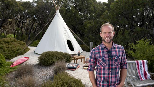 Marlon Law at his Bells Beach teepee. Picture: Cormac Hanrahan