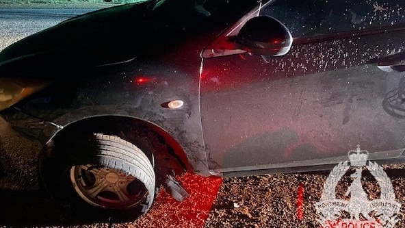 Damon Matthew McCourt, 19, and Nathan Johnson, 22, were arrested in Katherine over an alleged shooting in Coconut Grove. NT Police deployed a police tyre deflation device on a Mazda to stop their car.