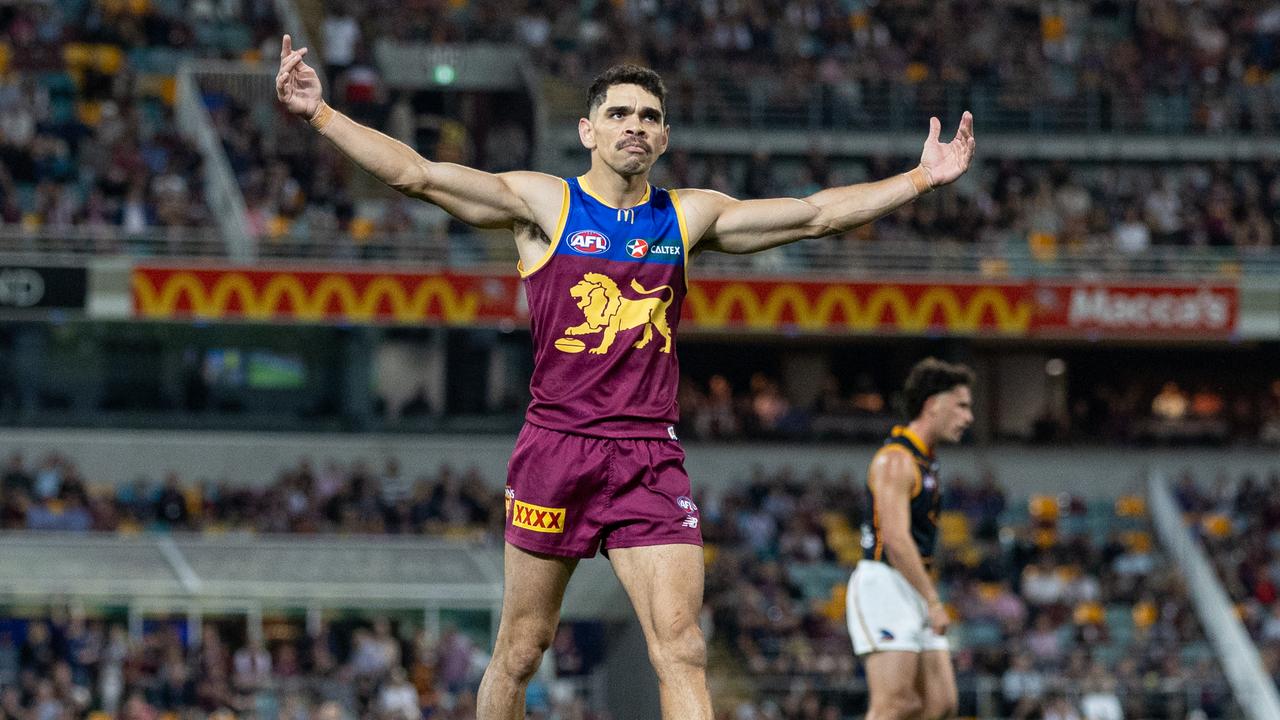 BRISBANE, AUSTRALIA - AUGUST 12: Charlie Cameron of the Lions celebrates a goal during the 2023 AFL Round 22 match between the Brisbane Lions and the Adelaide Crows at The Gabba on August 12, 2023 in Brisbane, Australia. (Photo by Russell Freeman/AFL Photos via Getty Images)