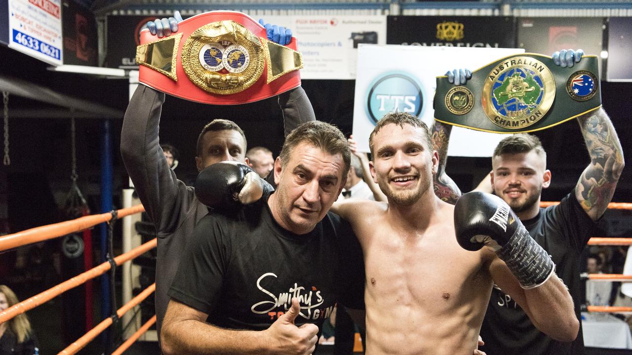 Steve Spark (right) with trainer promoter Brendon Smith after the fight against Mick Whitehead as part of Locked Down Lights Up at Smithys TGW Gym. Picture: Kevin Farmer