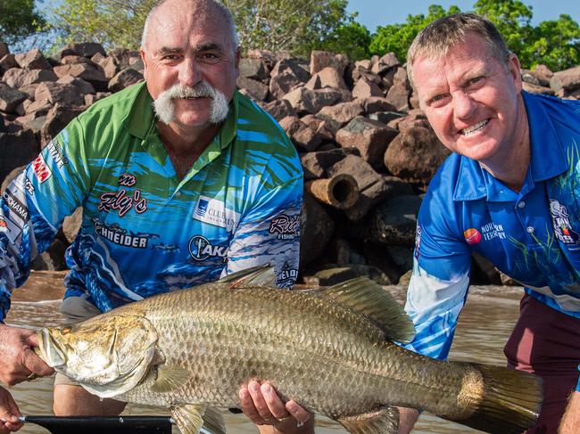 Sportsbet partnership manager Thijs Bors, Cricket legend Merv Hughes and Major Events Minister Paul Kirby officially open season nine of the Million Dollar Fish competition. Picture: Pema Tamang Pakhrin