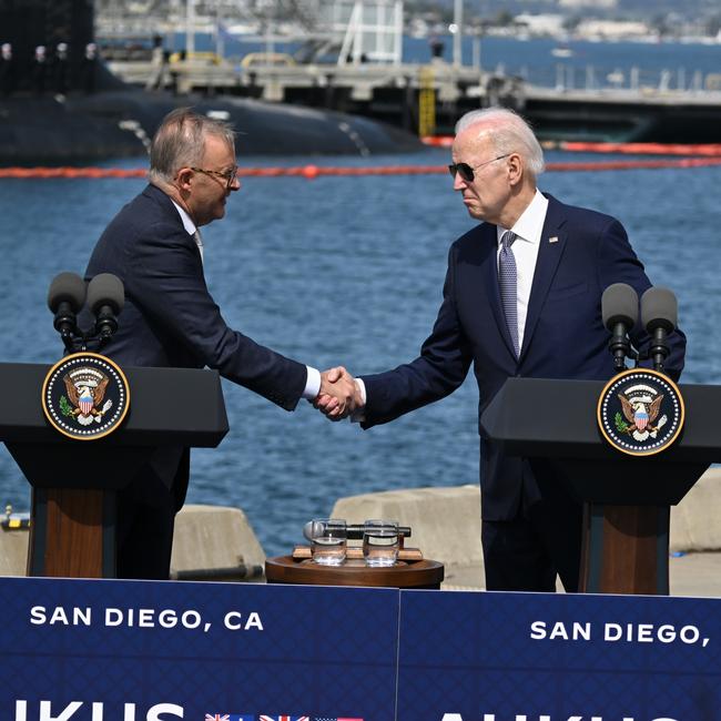 Joe Biden, right, and Anthony Albanese at Naval Base Point Loma in San Diego, California, on Tuesday. Picture: Getty Images