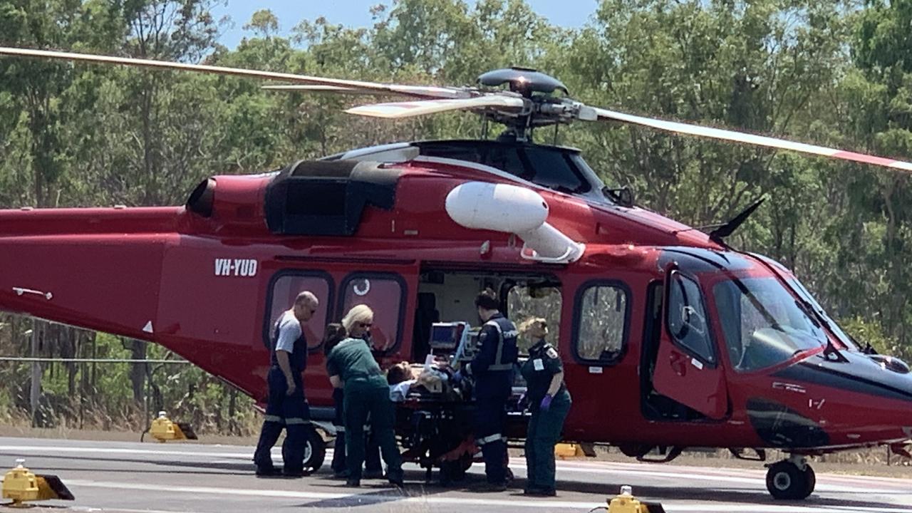 A helicopter carrying a US Marine injured in an Osprey crash at the Tiwi Islands near Darwin arrives at The Royal Darwin Hospital on Sunday. Picture: Tara Miko