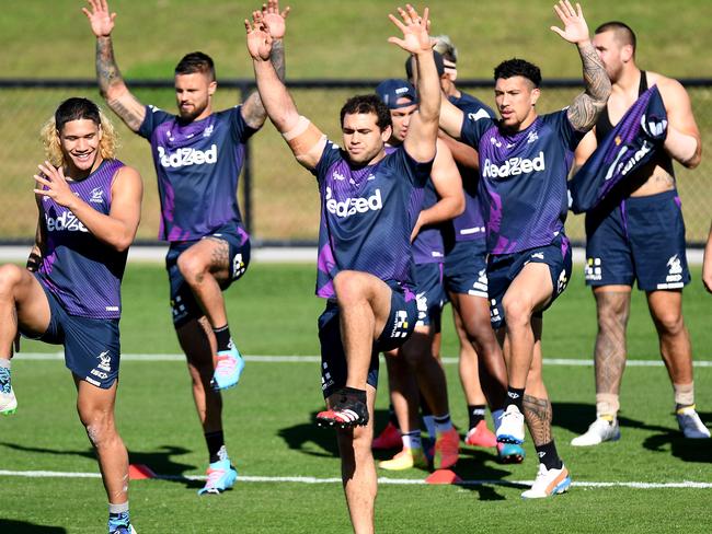 SUNSHINE COAST, AUSTRALIA - JUNE 29: Dale Finucane warm up during a Melbourne Storm NRL training session at Sunshine Coast Stadium on June 29, 2020 in Sunshine Coast, Australia. (Photo by Bradley Kanaris/Getty Images)