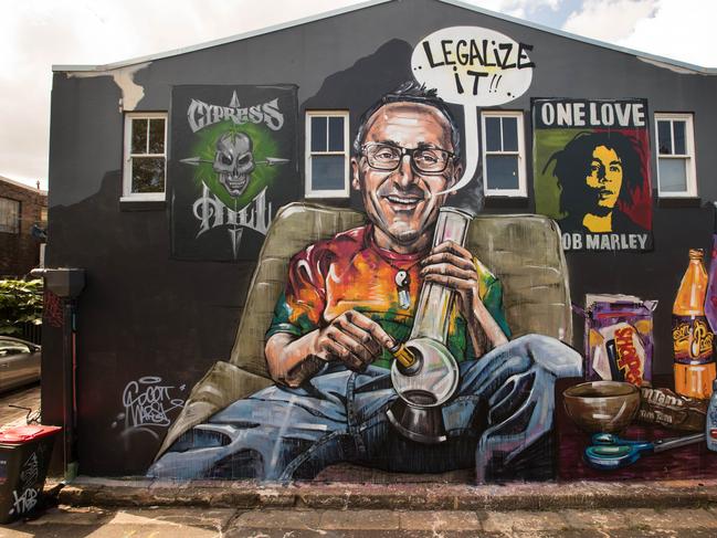 Pictures of the 'Legalise It' mural of Greens Leader Richard Di Natale painted on the back of The Botany View Hotel in Newtown. Picture: Julian Andrews.