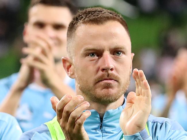 MELBOURNE, AUSTRALIA - APRIL 17: Scott Jamieson of Melbourne City (R) celebrates victory in the A-League match between Melbourne City FC and the Melbourne Victory at AAMI Park, on April 17, 2021, in Melbourne, Australia. (Photo by Graham Denholm/Getty Images)