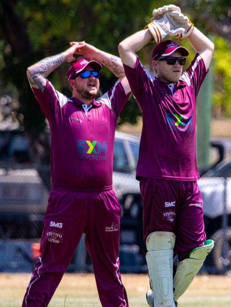 Guy Preston and Haydn Mitchell of the Colts react to a near-dismissal.