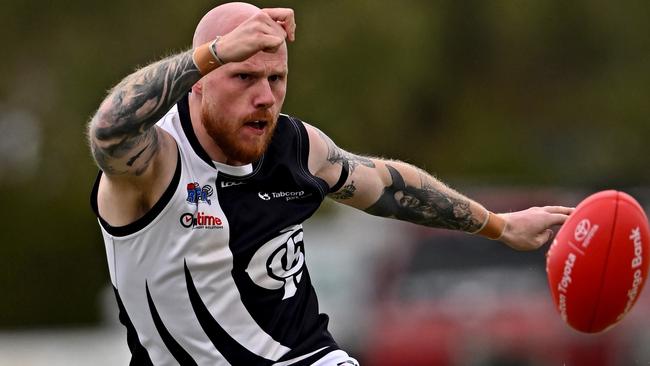 Western RamsÃ Fitzroy Greenwool and Melton Centrals Jordan Lindsay during the Riddell District FNL Western Rams v Melton Centrals football match at Ian Cowie Recreation Reserve in Rockbank, Saturday, April 1, 2023. Picture: Andy Brownbill