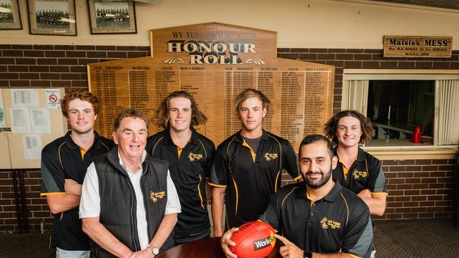 Wy Yung is poised to climb the East Gippsland league ladder this season. From left, Jobe Somerville, coach Doug Vickers, Nate Somerville, Norm Betts, president Anthony Desio (President), Jock Overend. Picture: Laura Ferguson