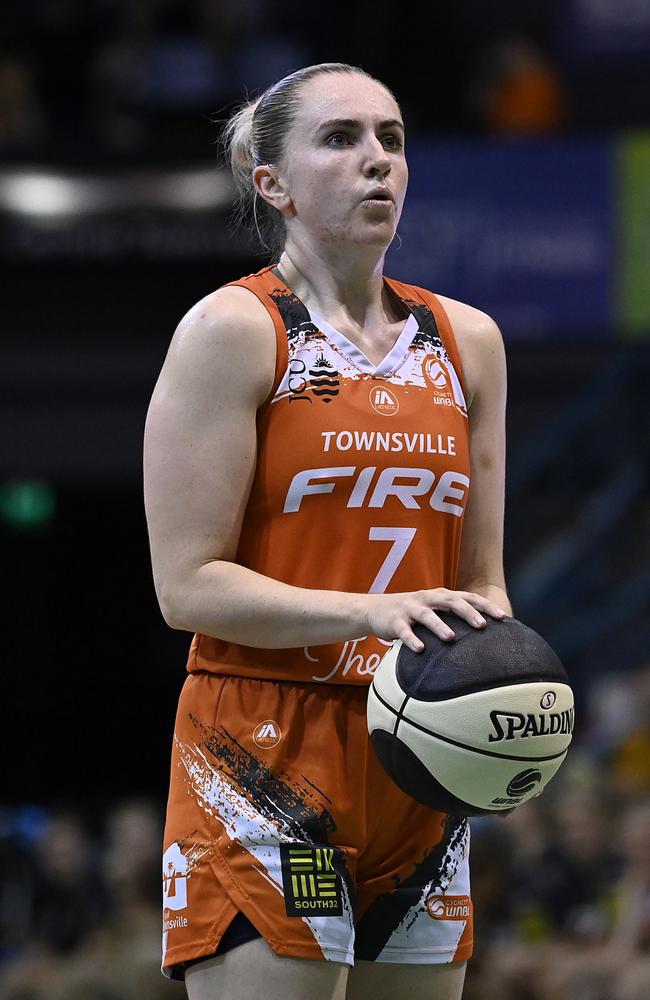 Courtney Woods of the Fire attempts a free throw shot during the WNBL match between Townsville Fire and Southside Flyers at Townsville Entertainment Centre, on February 21, 2024, in Townsville, Australia. (Photo by Ian Hitchcock/Getty Images)