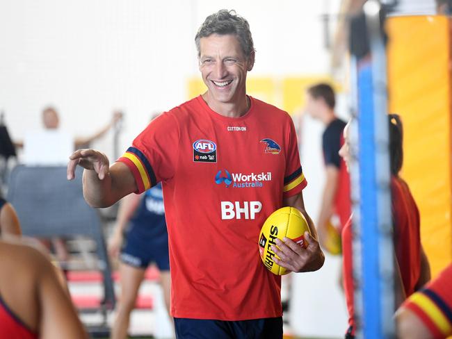 Coach Matthew Clarke was all smiles during a Crows AFLW training session at the club’s West Lakes headquarters in January. Picture: Tom Huntley