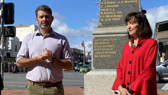 Attorney-General Kyam Maher and Deputy Premier Susan Close at a commemoration at the Port Adelaide Workers Memorial on Sunday. Picture: Todd Lewis