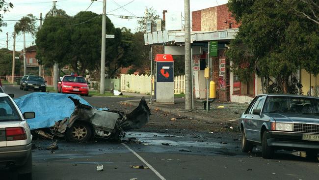 The wreckage of John Furlan’s car in Lorensen Ave, Coburg North, on August 3, 1998.