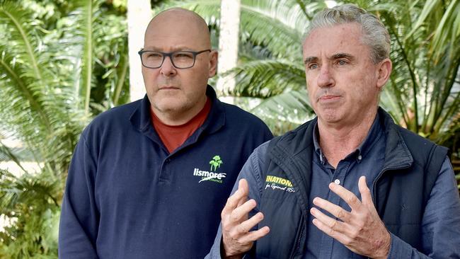 Lismore Mayor Steve Krieg and Federal MP Kevin Hogan call for the NSW Government to co-contribute $50 million to flood grants for major Lismore employers, May 24,2022. Picture: Tessa Flemming