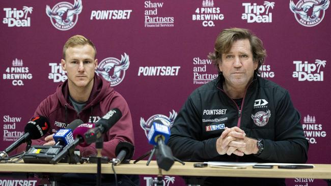 Manly captain Daly Cherry-Evans, left, and coach Des Hasler in Sydney on Tuesday. Picture: Monique Harmer