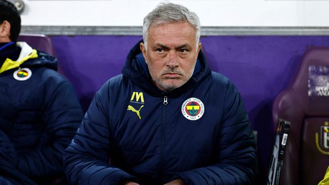 Fenerbahce's Portuguese coach Jose Mourinho looks on from the technical area during the UEFA Europa League knockout phase play-off 2nd leg football match between Fenerbahce SK (TUR) and RSC Anderlecht (BEL) at the Lotto Park Stadium in Brussels, on February 20, 2025. (Photo by Simon Wohlfahrt / AFP)