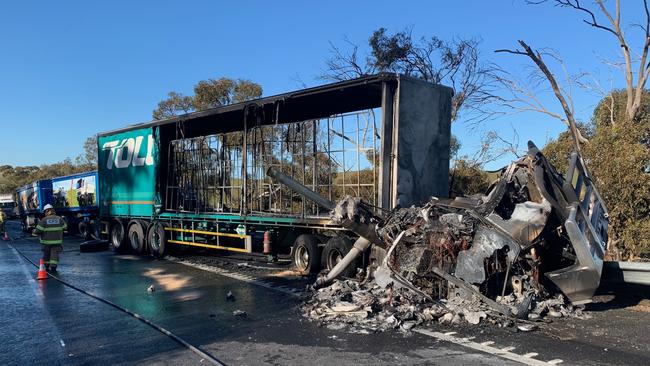 The aftermath of a two-truck crash on the South Eastern Freeway on Friday morning. Picture: Tait Schmaal