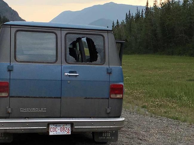 The blue Chevy van driven by Lucas Fowler with a blown out window. Picture: Supplied.