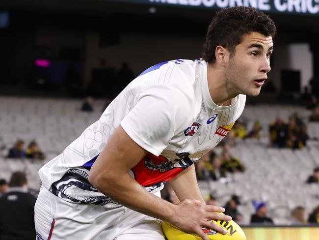 MELBOURNE, AUSTRALIA - MAY 11:  Joel Freijah of the Bulldogs warms up before the round nine AFL match between Richmond Tigers and Western Bulldogs at Melbourne Cricket Ground, on May 11, 2024, in Melbourne, Australia. (Photo by Darrian Traynor/AFL Photos/via Getty Images)