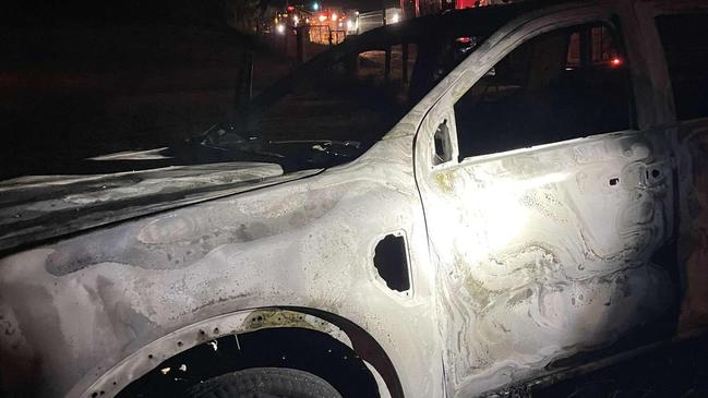 A $70,000 ute has been left a charred husk after joy-riders destroyed the car after a four-hour stint. Picture: Supplied.