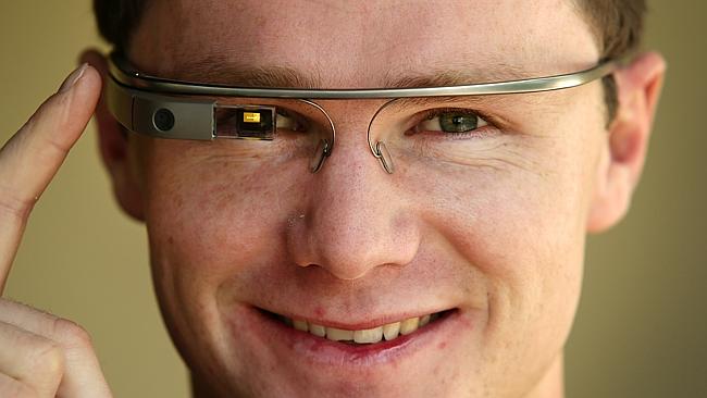 Patrick Dangerfield wearing Google Glasses from Telstra. Picture: Andrew Tauber