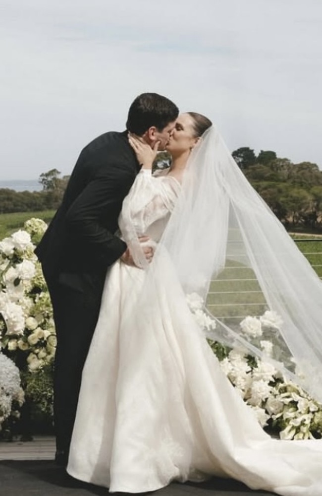 Angus and Danielle say ‘I do’ at the Port Phillip Estate. Picture: Dear Fiore Photography