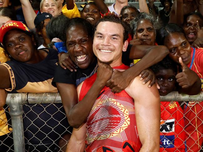 Daniel Rioli soaks up a win in Darwin with the local fans.