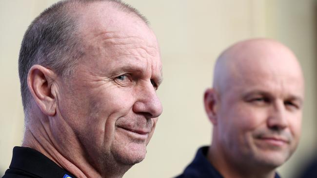 Ken Hinkley and Matthew Nicks front the media yesterday. Picture: Sarah Reed/Getty Images