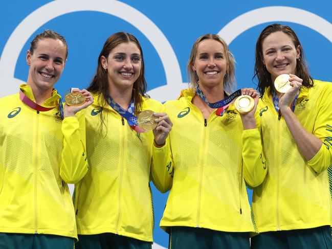 The women’s 4x100m freestyle relay team won gold yet again.