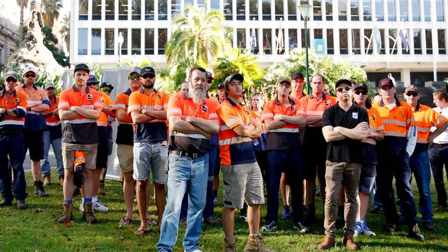 Heyfield timber mill workers protested outside a cabinet meeting. Picture: Chloe Smith