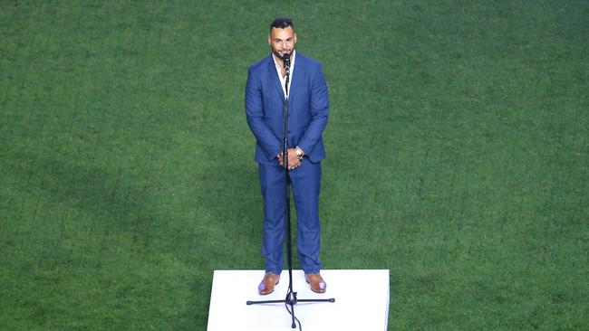 Ryan James during his Welcome to Country speech. Picture: Jason McCawley/Getty